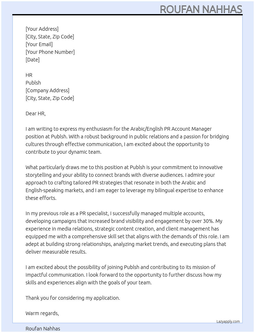 Cover letter for arabic/english pr account manager - LazyApply
