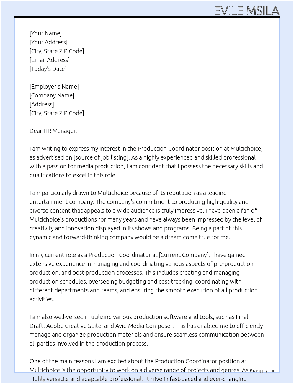 Production Coordinator At Multichoice Cover Letter