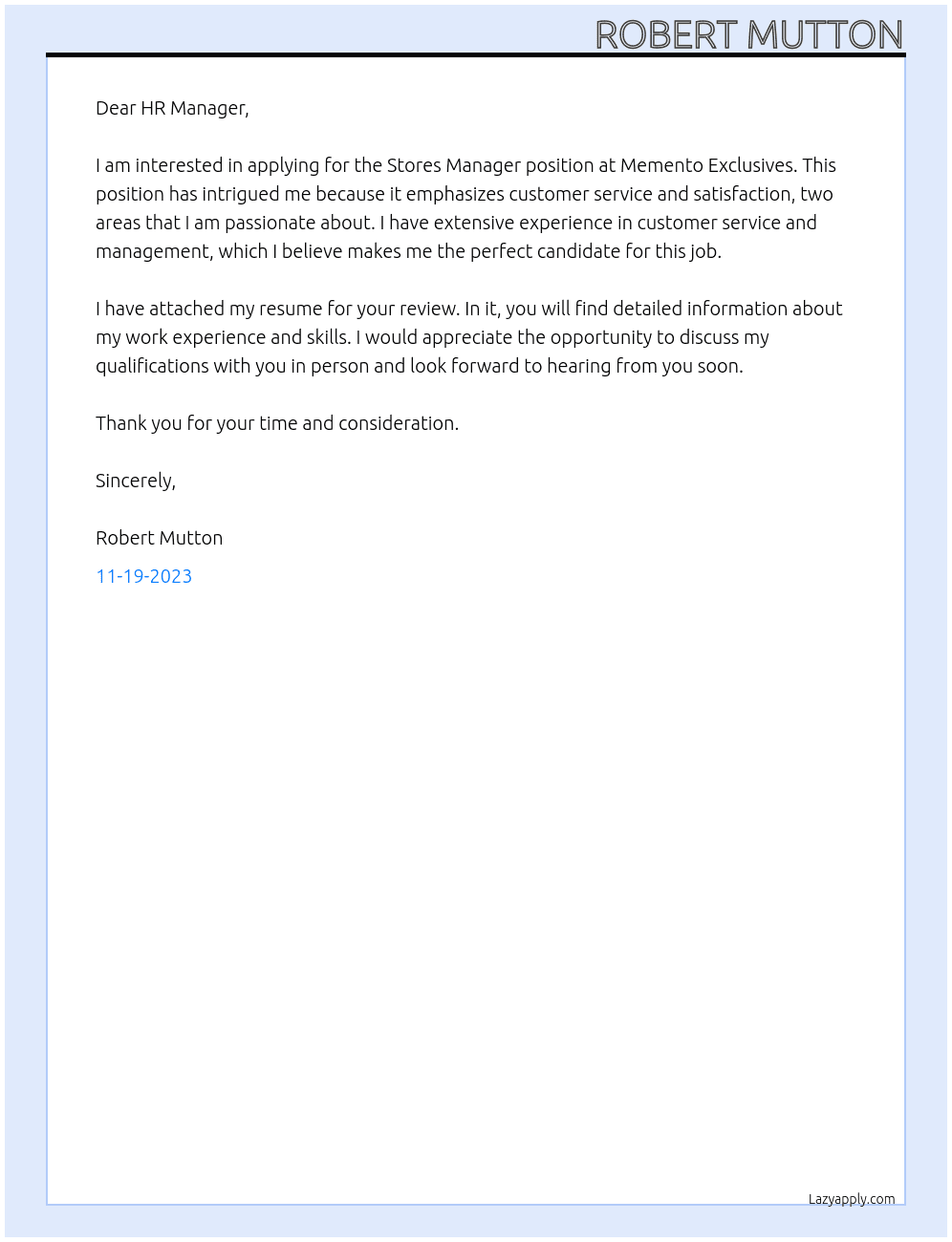 Stores Manager At Memento Exclusives Cover Letter