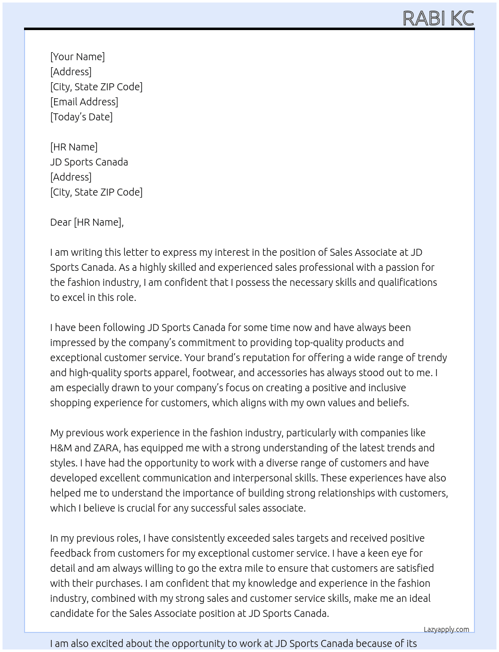 sales associate  At JD Sports Canada Cover Letter