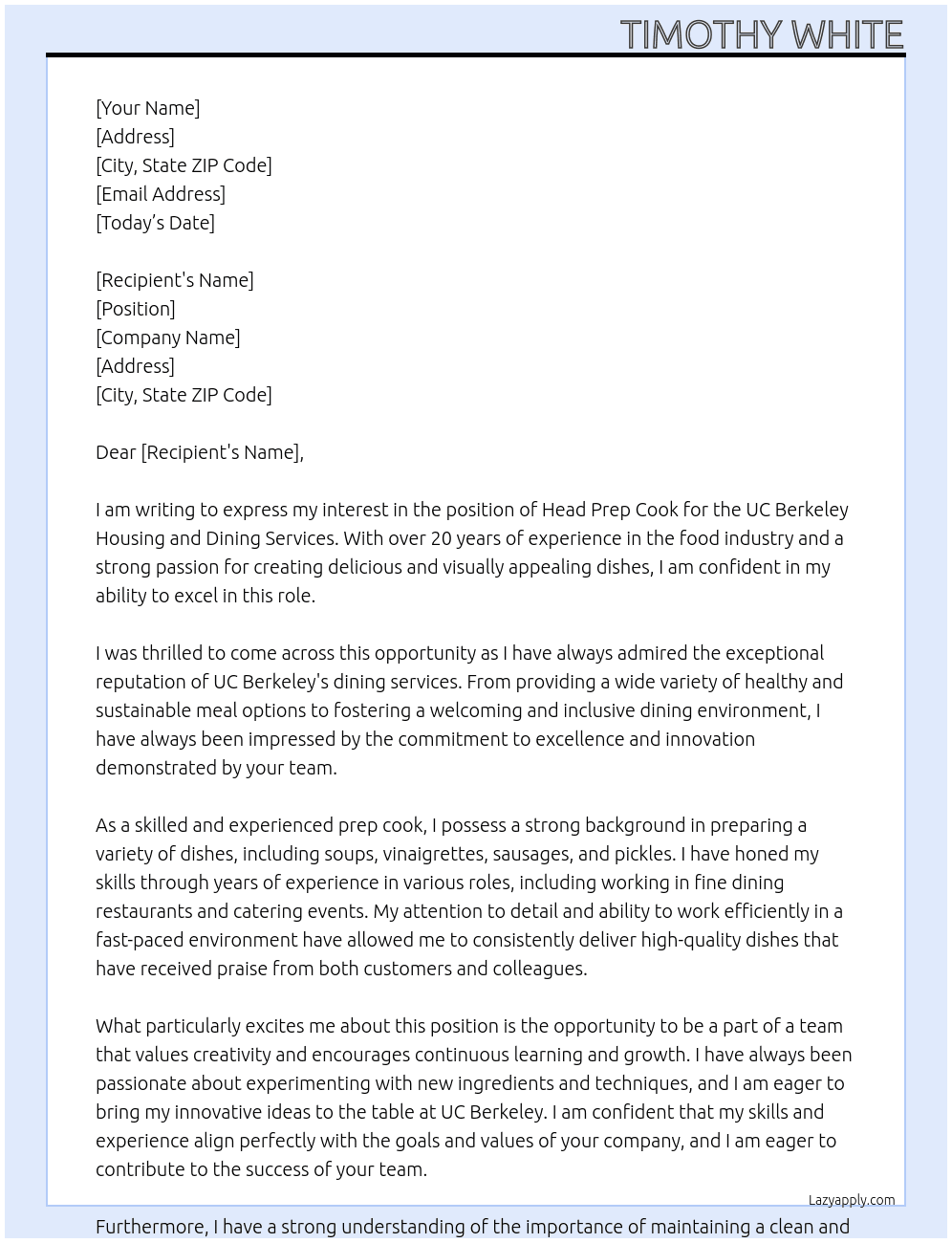 Head Prep Cook At UC Berkeley Cover Letter