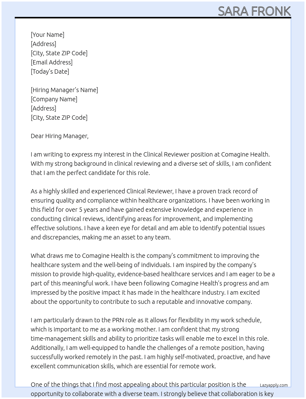 Clinical Reviewer  At Comagine Health Cover Letter