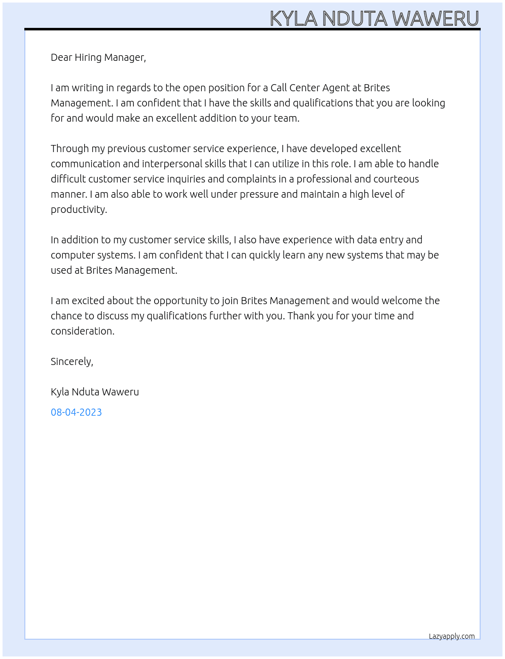 CALL CENTER AGENT At Brites Management Cover Letter