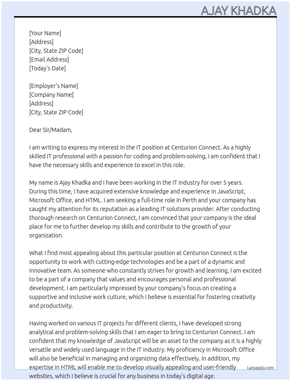 IT At Centurion connect Cover Letter