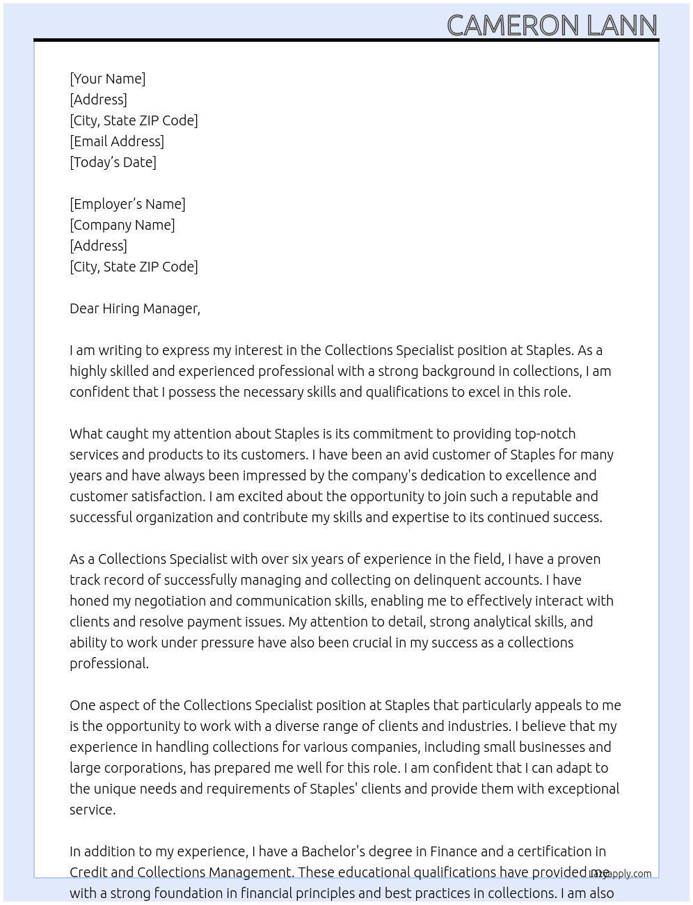 Collections Specialist At Staples Cover Letter