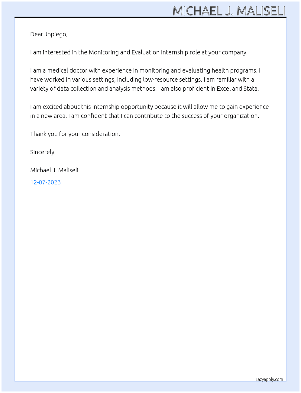 Medical doctor  At Monitoring and evaluation intern Cover Letter