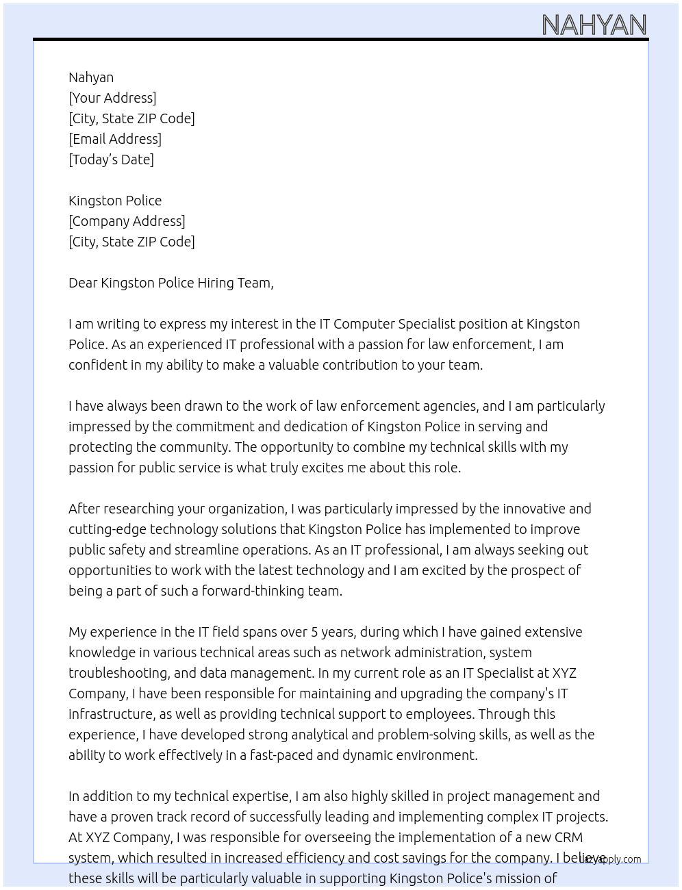 it computer specialist At Kingston Police Cover Letter