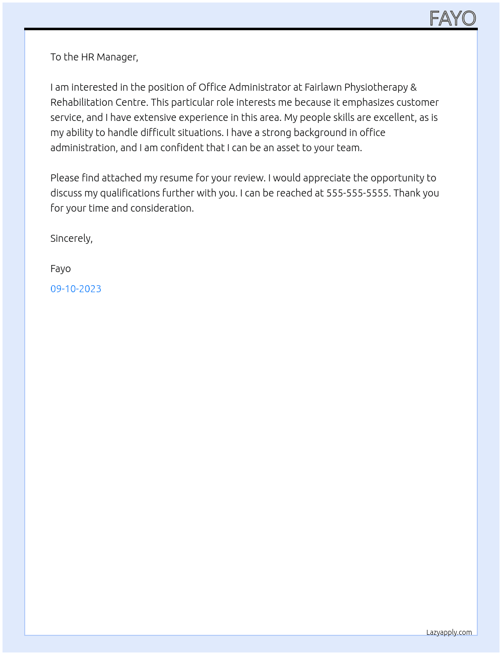 Office Admimistrator At Fairlawn Physiotherapy & Rehabilitation Centre Cover Letter