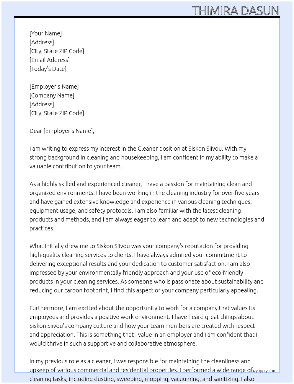 cleaner At Siskon Siivou Cover Letter