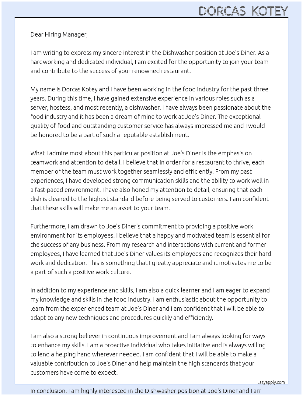 Diswasher At Joe's Diner Cover Letter