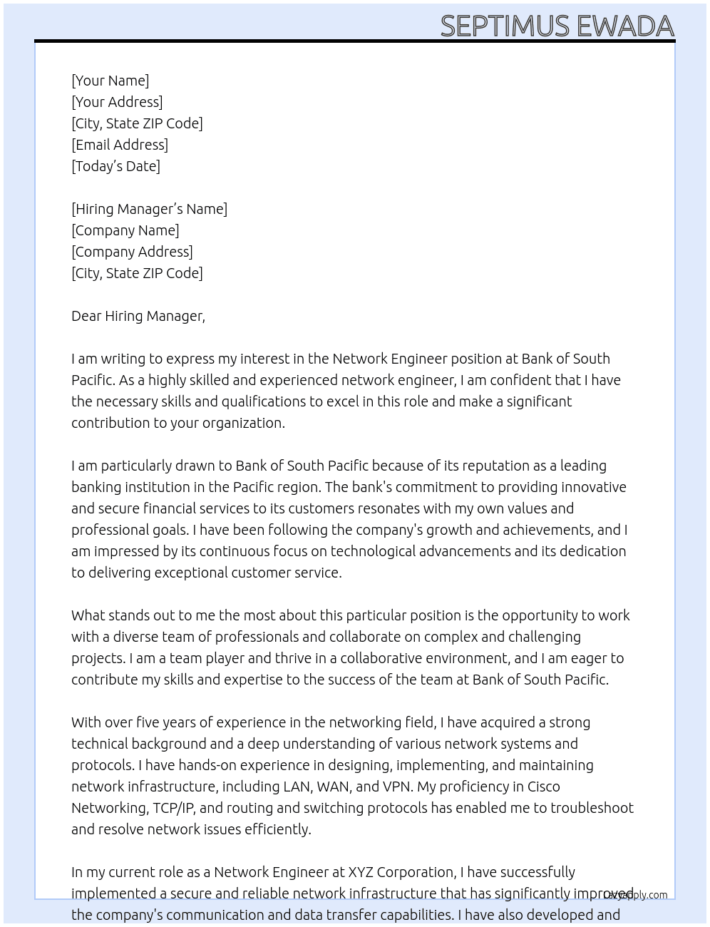 Network Engineer At Bank of South Pacific Cover Letter