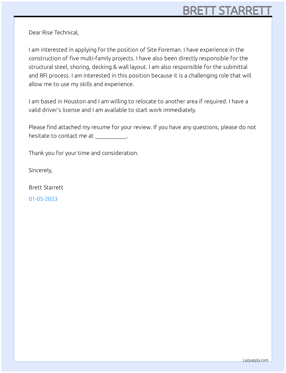 Site Foreman At Rise Technical Cover Letter