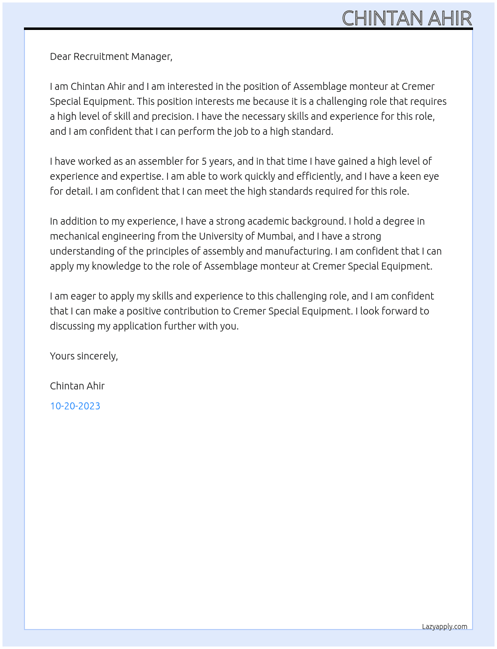 Assemblage monteur At Cremer Special Equipment Cover Letter