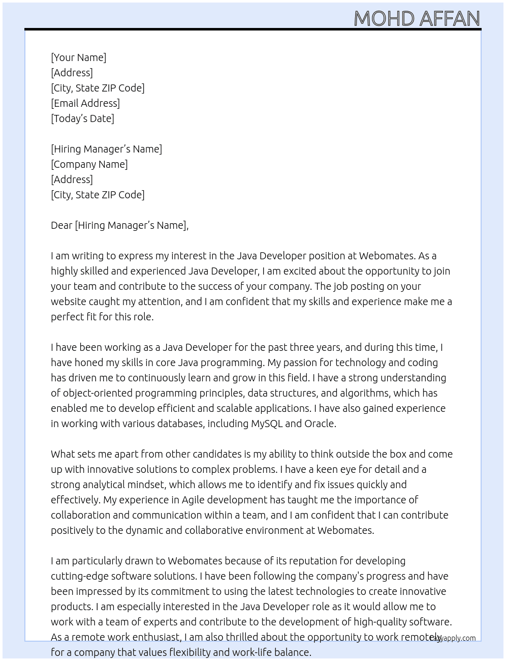JAVA DEVELOPER At Webomates  Cover Letter
