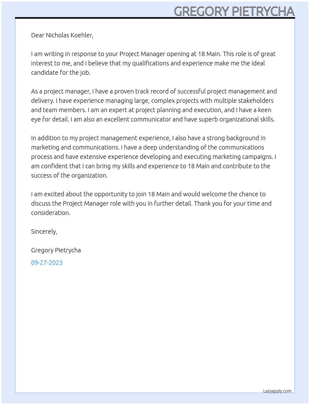 Project Manager At 18 Main Cover Letter