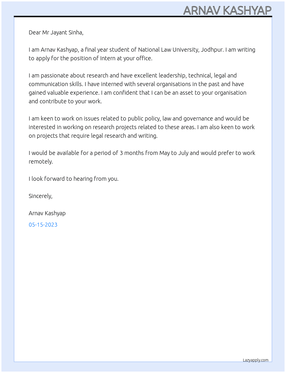Intern At Mr Jayant Sinha, Member of Parliament Cover Letter
