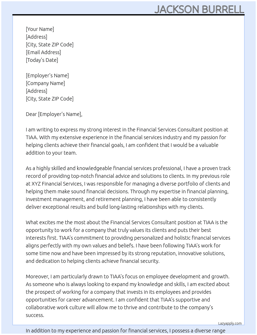 Financial Services Consultant  At TIAA Cover Letter