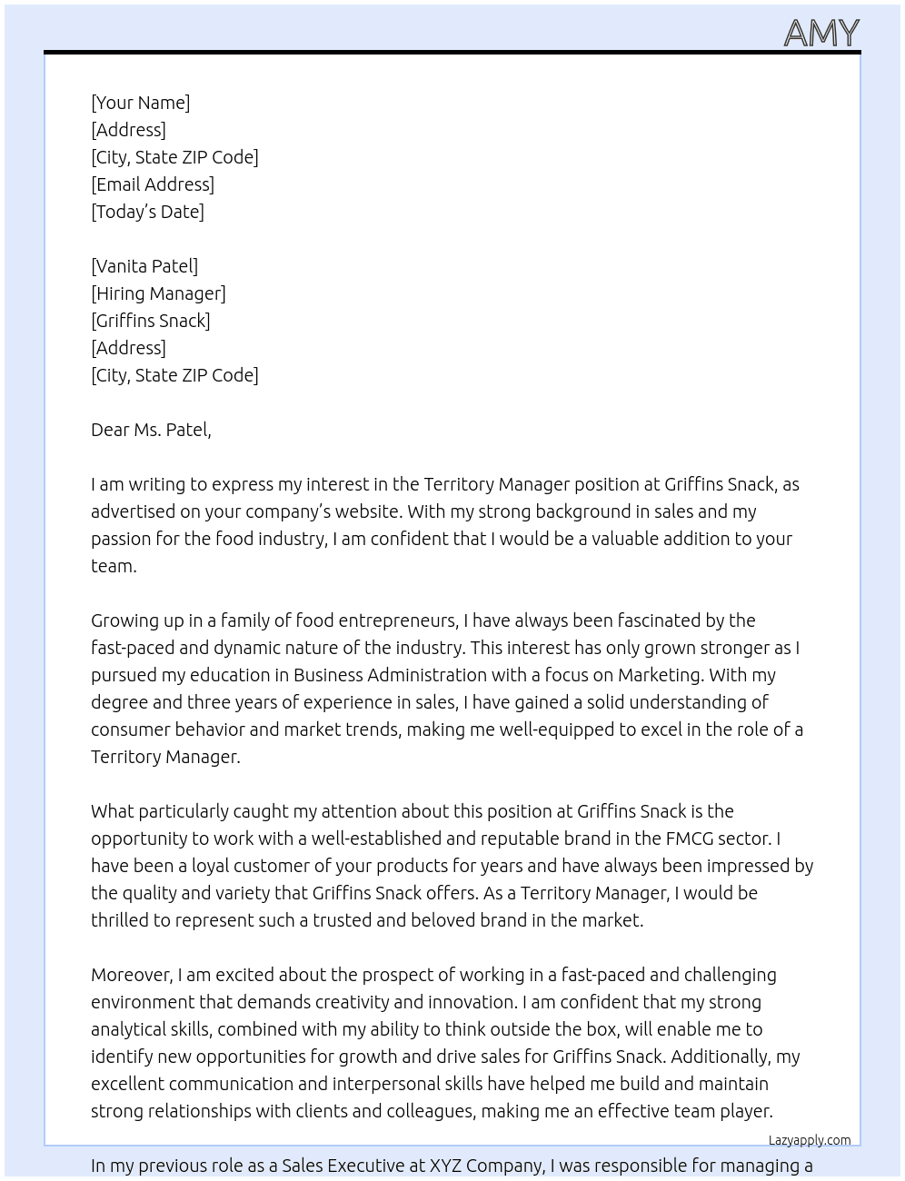 Territory Manager At Griffins Snack Cover Letter
