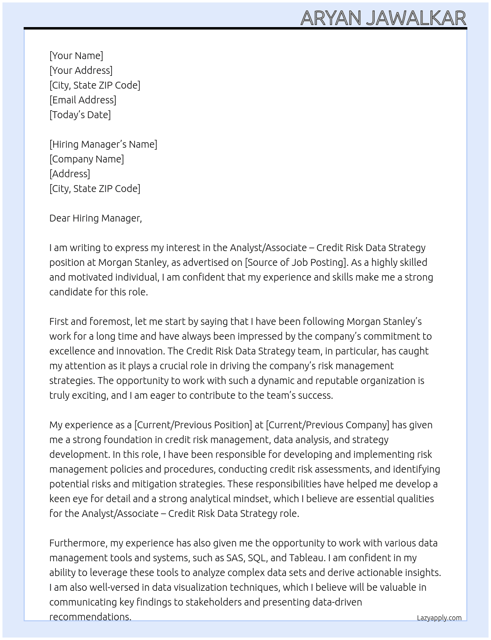 Cover letter for analyst/associate - credit risk data strategy - LazyApply