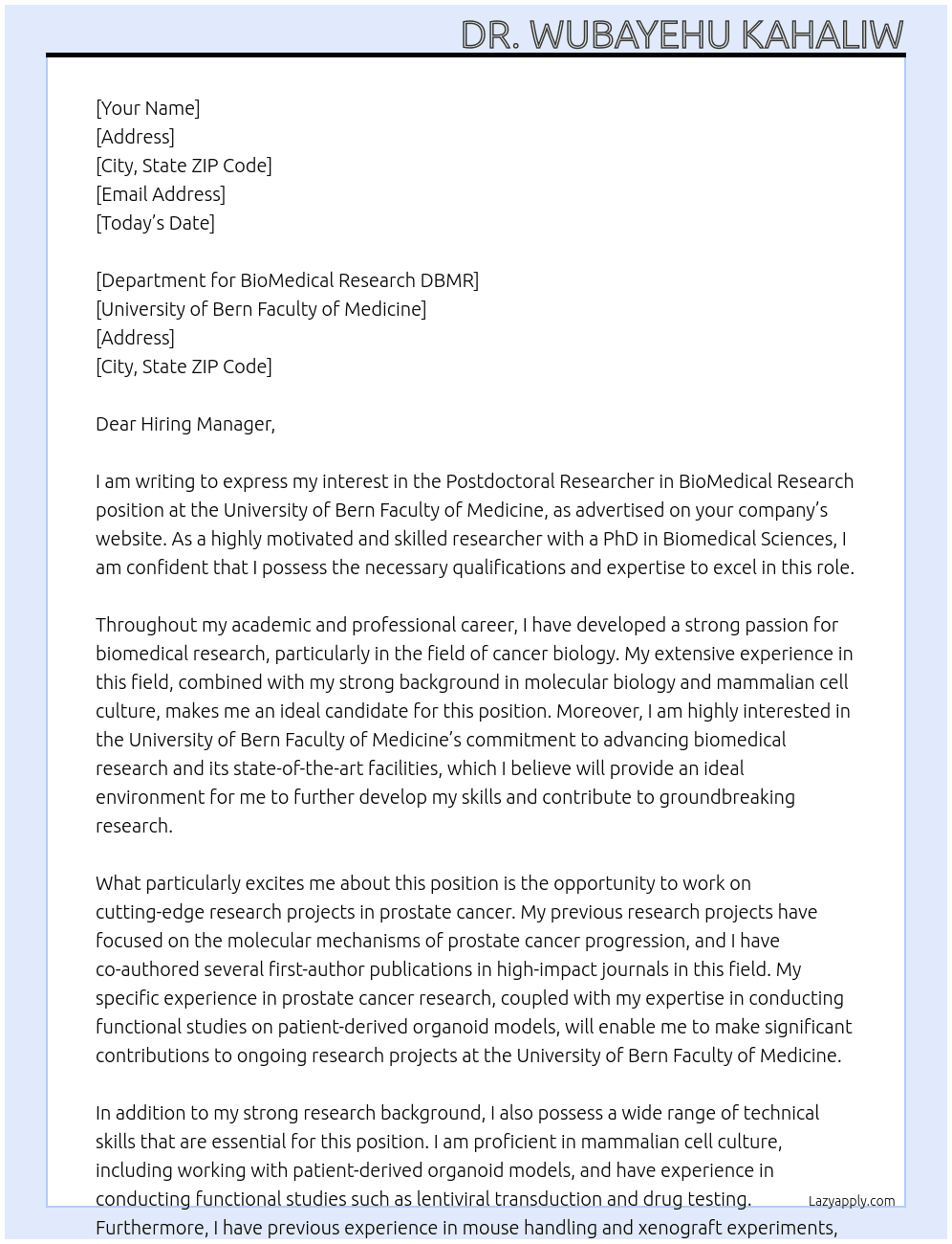 Postdoctoral Researcher in BioMedical Research At University of Bern Faculty of Medicine Cover Letter