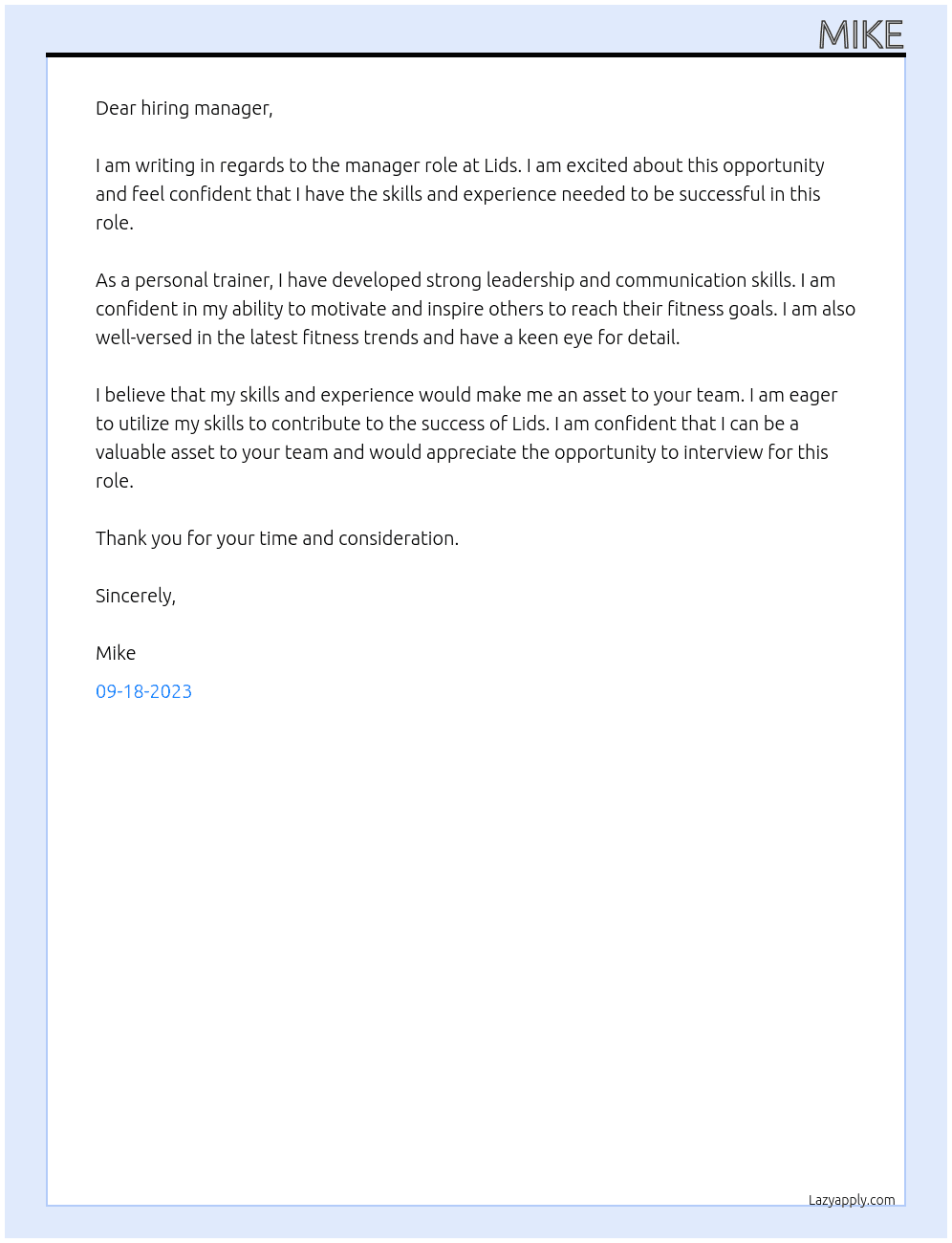 manager, personal trainer At lids Cover Letter