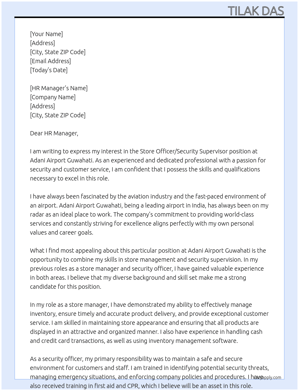 Store officer/Security supervisor At Adani Airport Guwahati Cover Letter