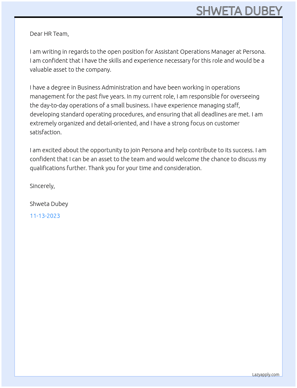 Assistant Operations Manager At Persona Cover Letter