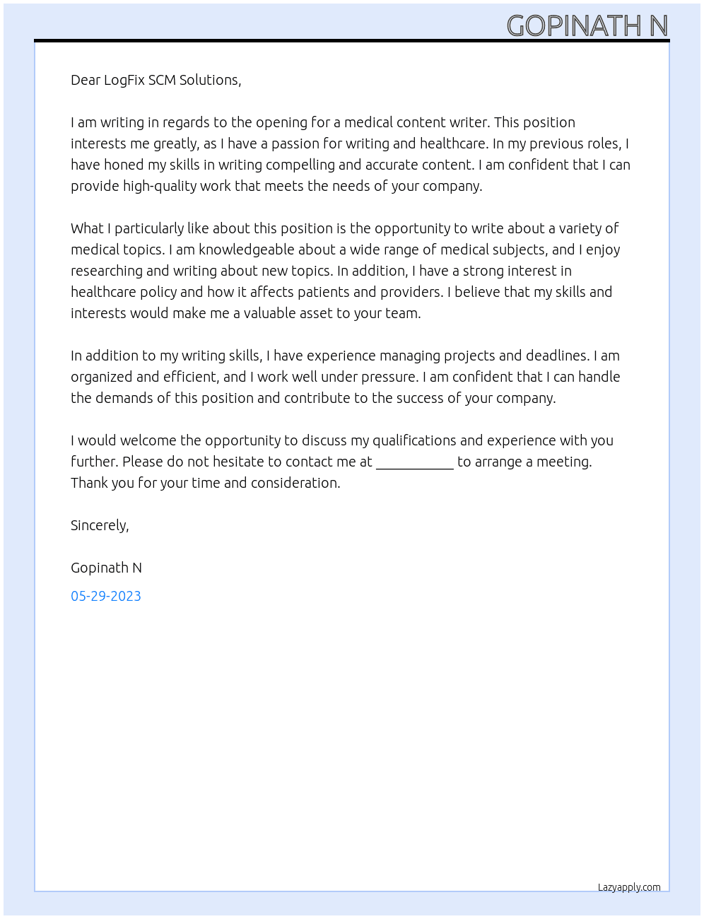 Medical Content writing At LogFix SCM Solutions Cover Letter
