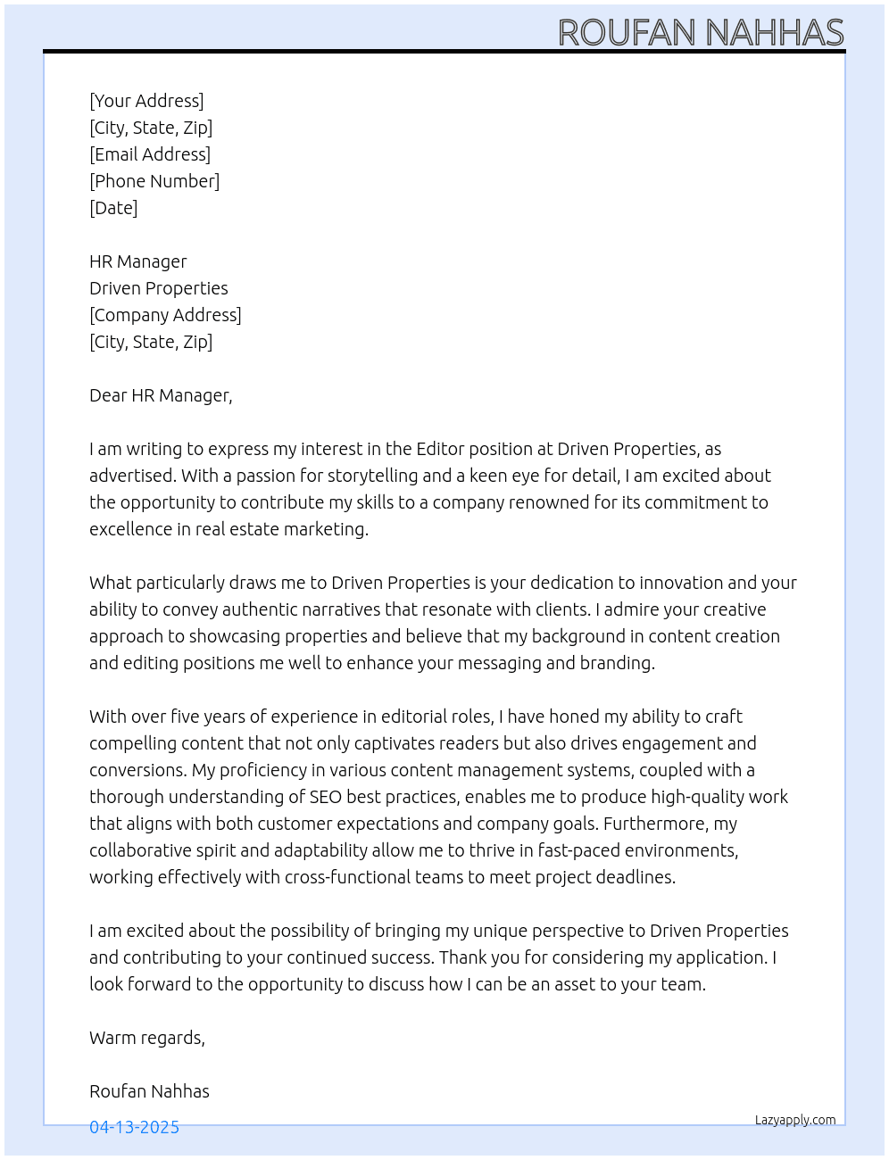 Editor  At Driven Properties Cover Letter