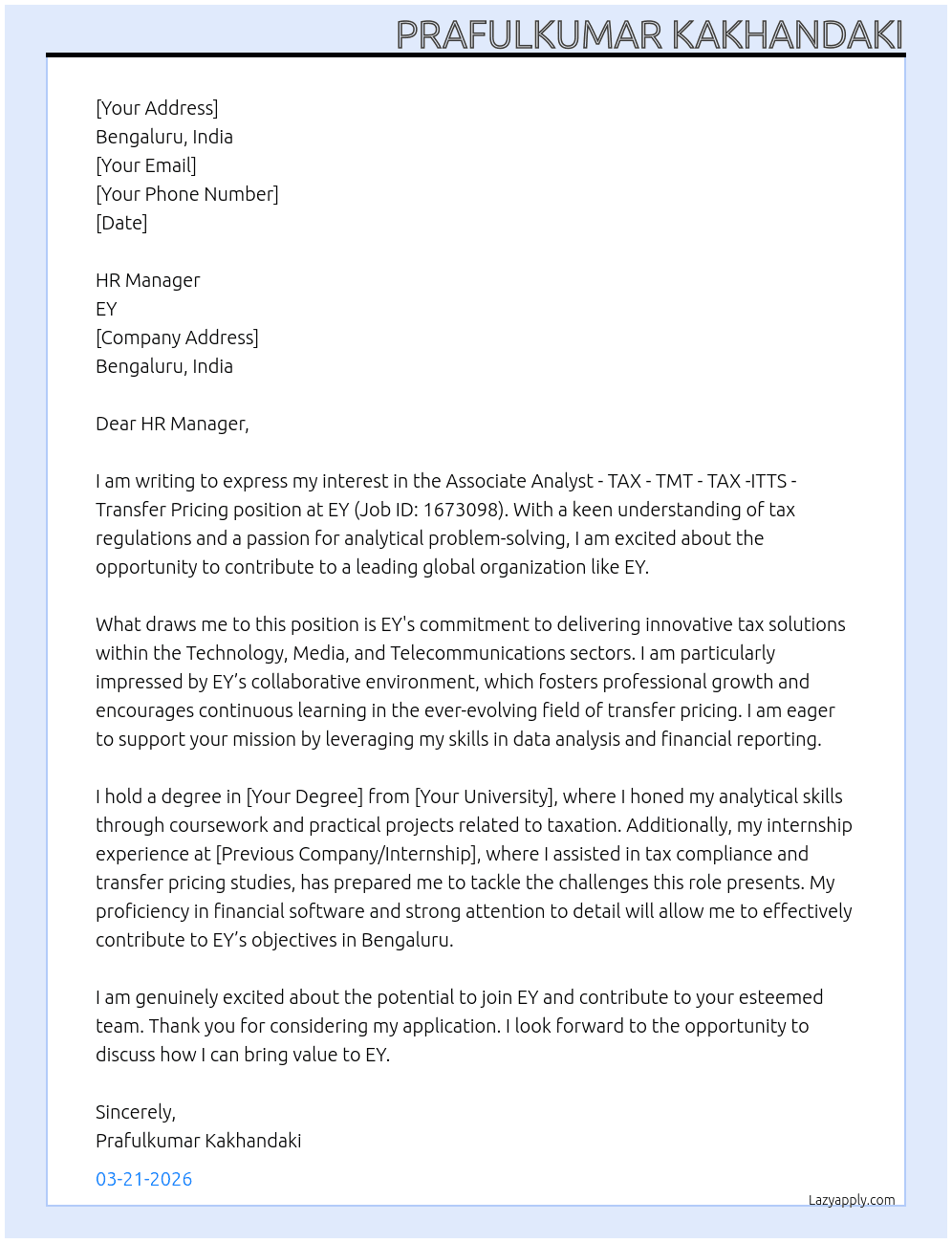 Associate Analyst -TAX - TMT - TAX -ITTS - Transfer Pricing - Bangalore (1673098) At EY Cover Letter