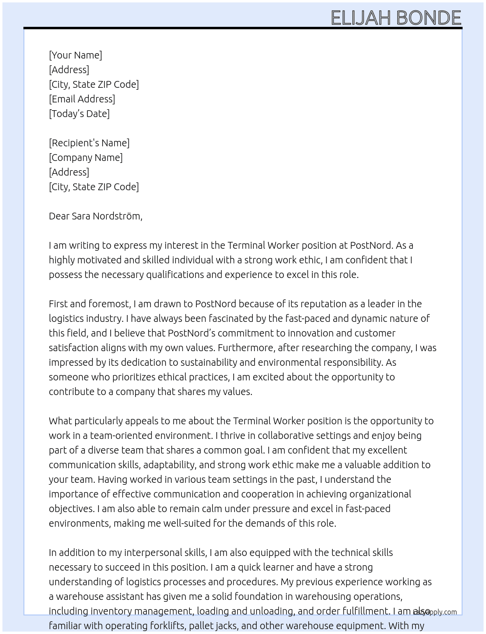 Terminal worker At PostNord Cover Letter