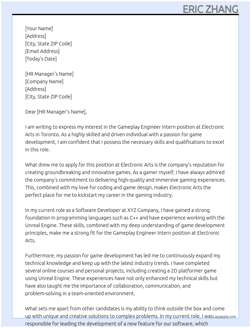 Gameplay Engineer Intern At Electronic Arts Cover Letter