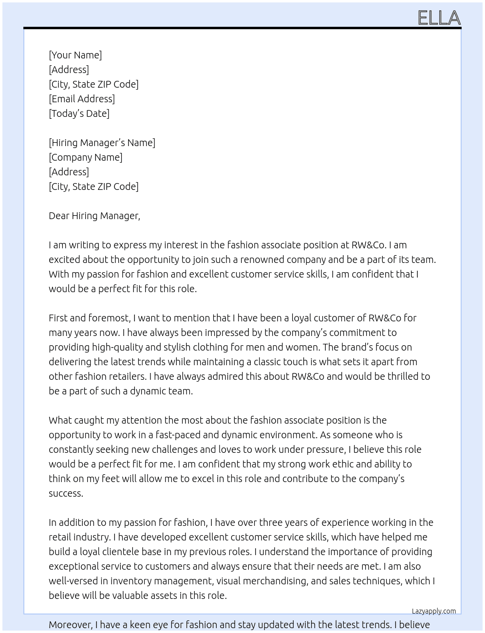 fashion associate At RW&Co Cover Letter