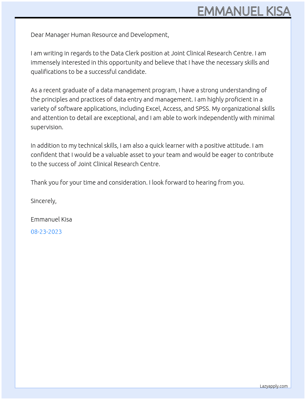 Data Clerk At Joint Clinical Research Centre Cover Letter
