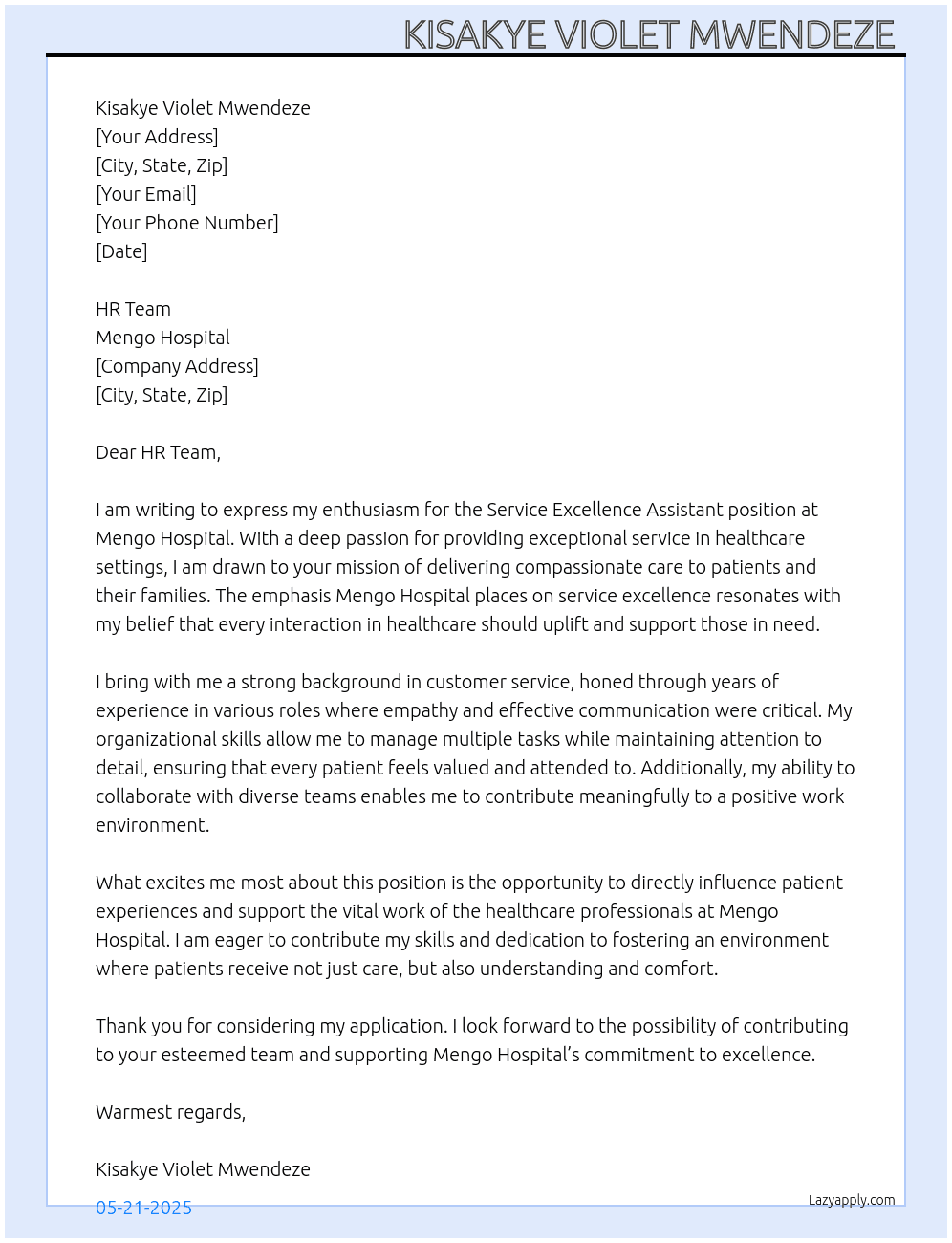 Service excellence assistant  At Mengo hospital  Cover Letter