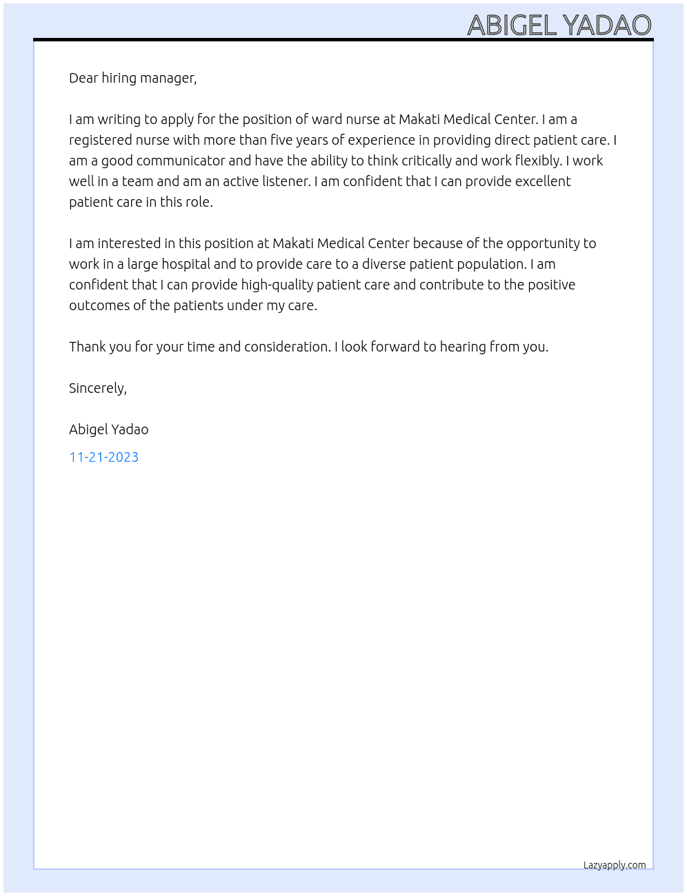 ward nurse At makati medical center Cover Letter