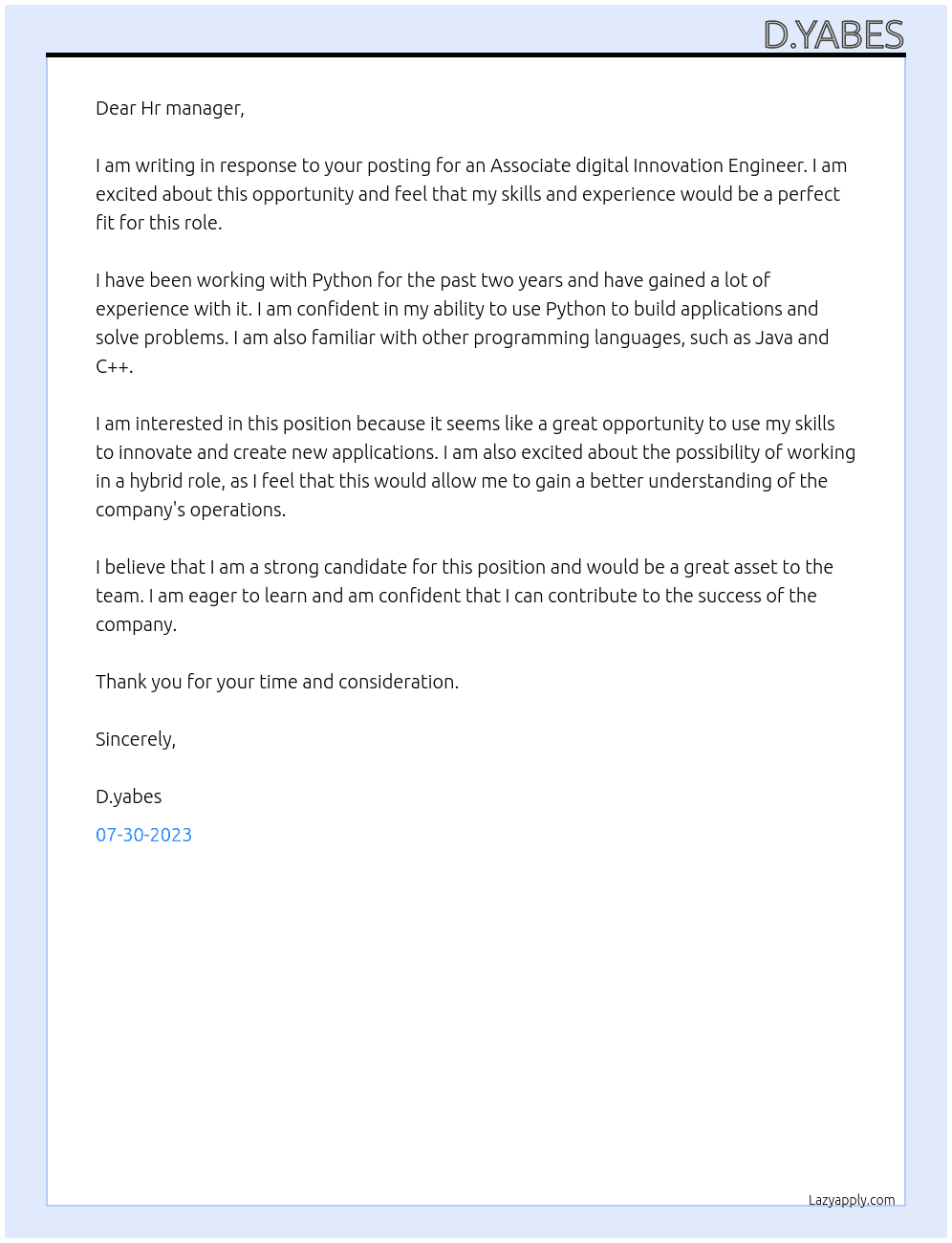 Associate digital Innovation Engineer  At Buckman Cover Letter