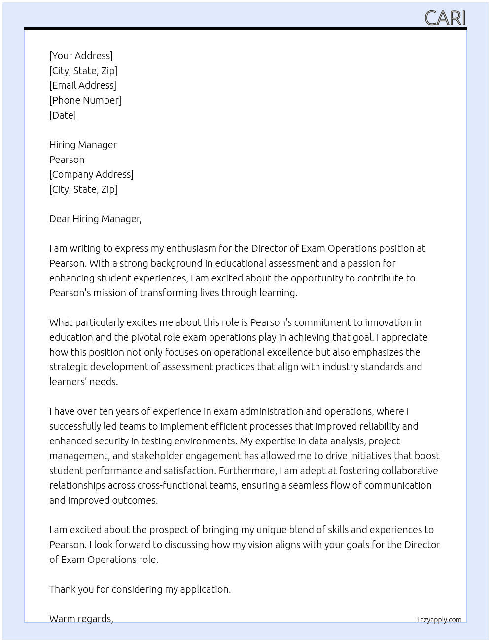 Cover letter for director of exam operations - LazyApply