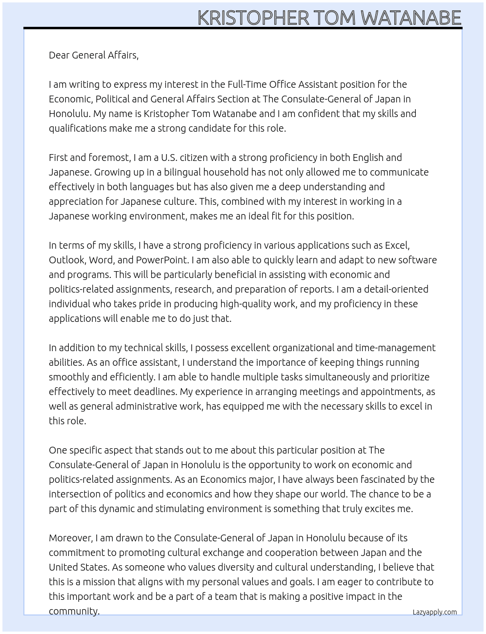 Full-Time Office Assistant for Economic, Political and General Affairs Section At The Consulate-General of Japan in Honolulu Cover Letter