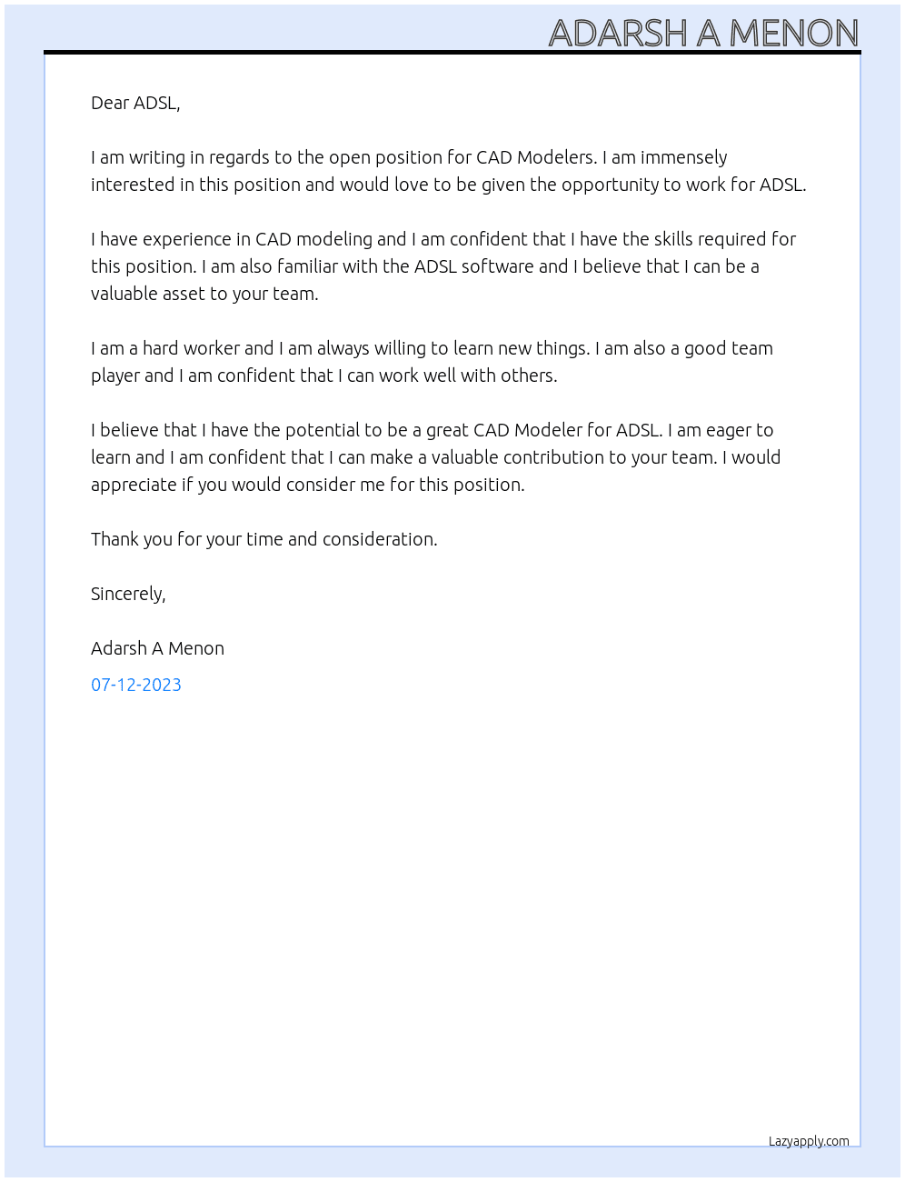 CAD Modelers At ADSL Cover Letter