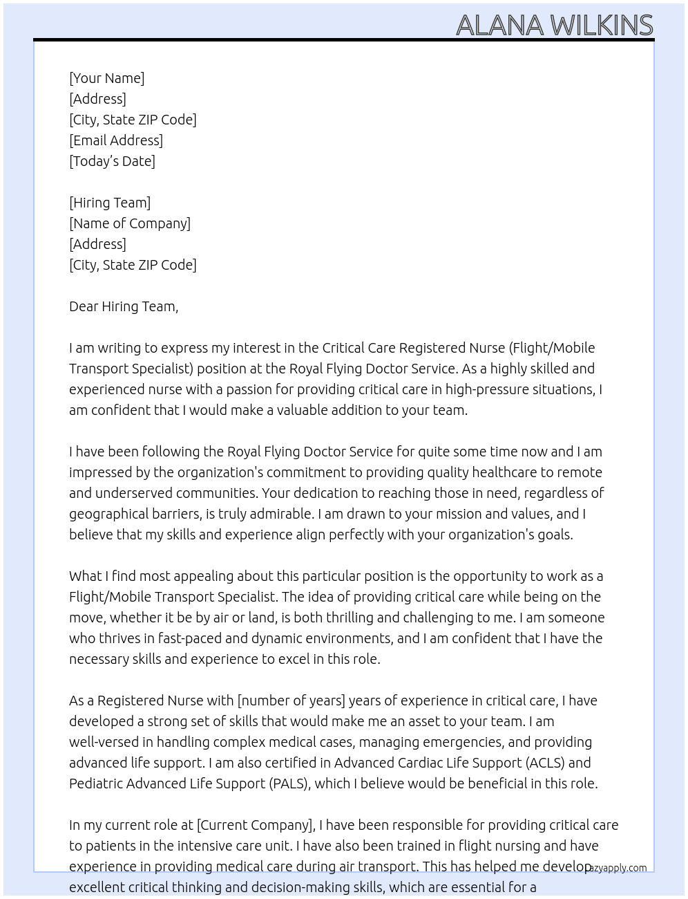 Critical Care Registered Nurse (Flight/Mobile Transport Specialist) At Royal Flying Doctor Service  Cover Letter