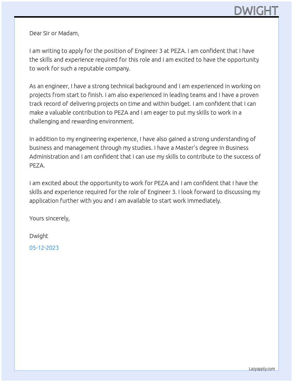 Enginner 3 At PEZA Cover Letter