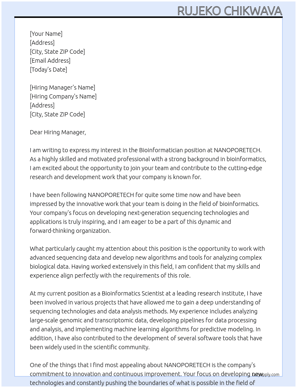 Bioinformatician At NANOPORETECH Cover Letter