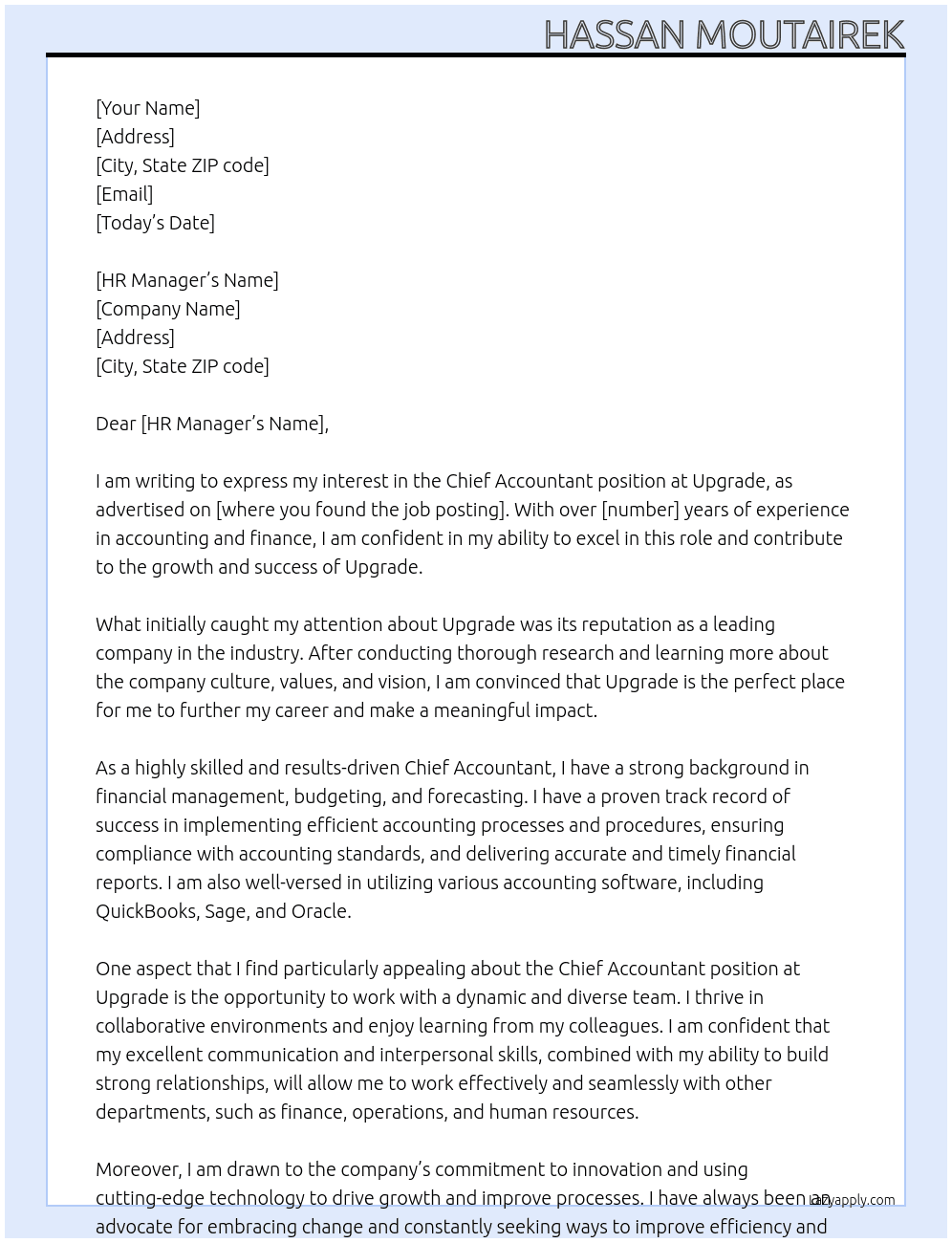 Chief Accountant At Upgrade Cover Letter