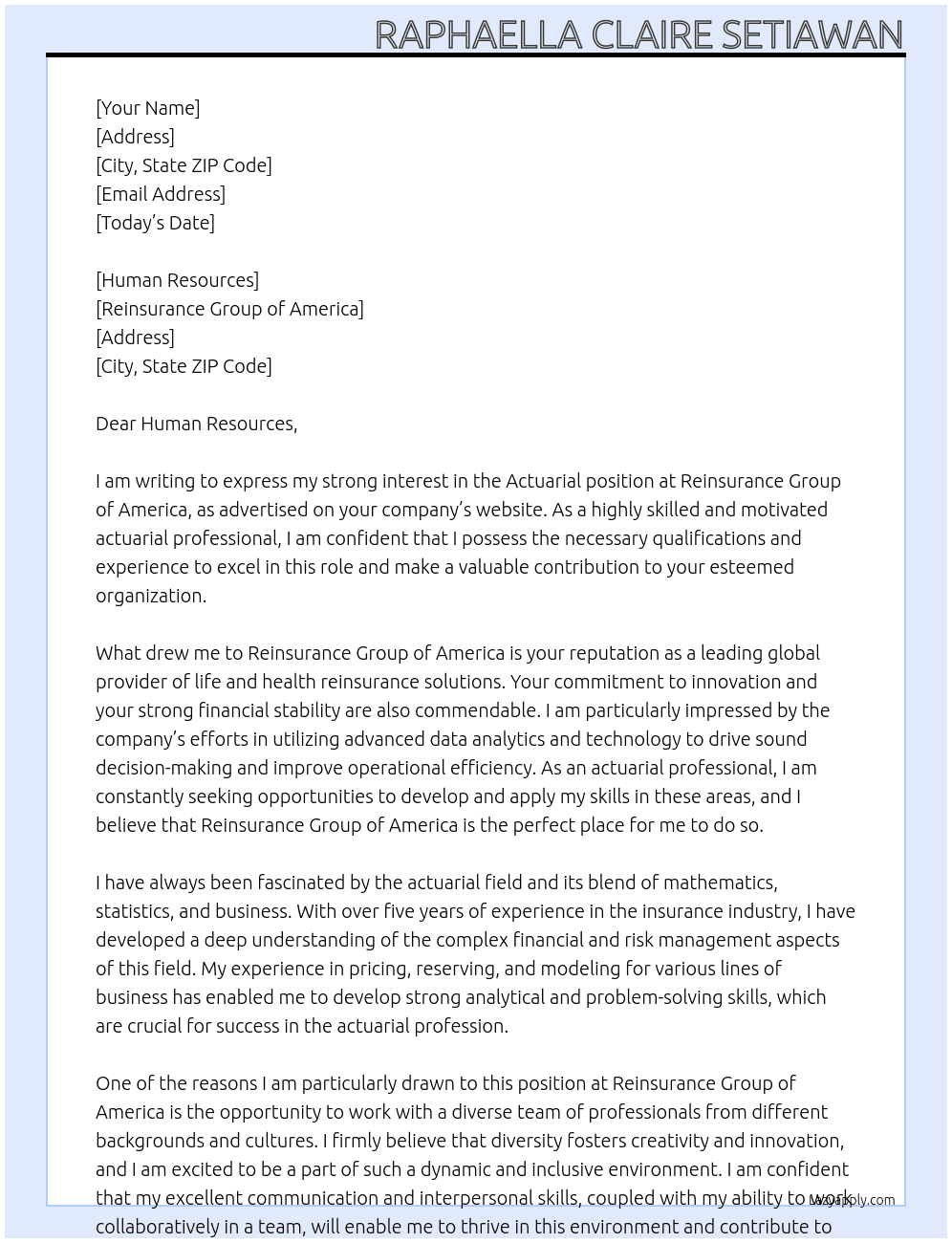 Actuarial At Reinsurance Group of America Cover Letter
