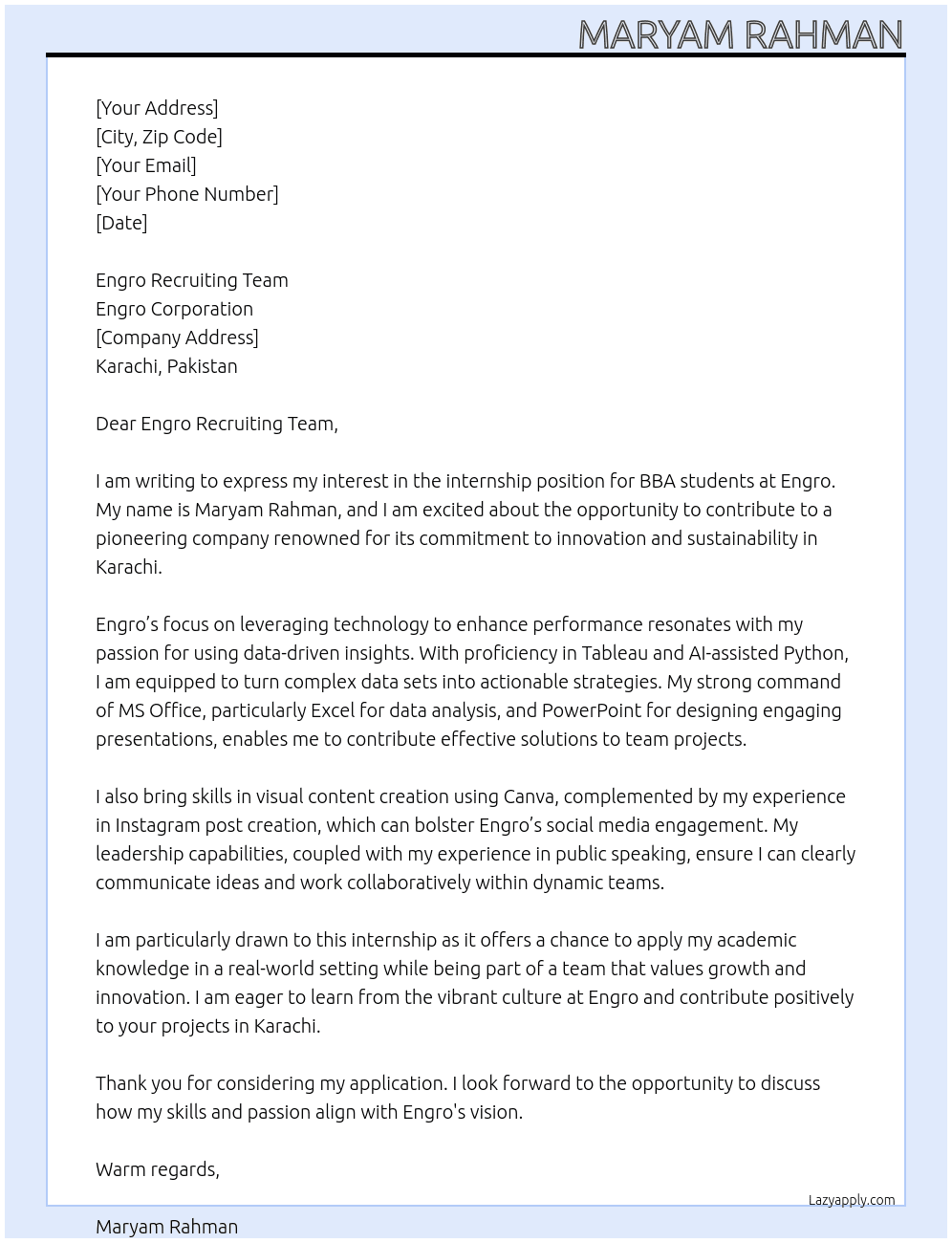 BBA Student At Engro Cover Letter