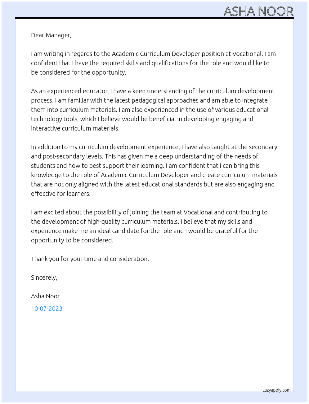 Academic curriculm developer At Vocational Cover Letter