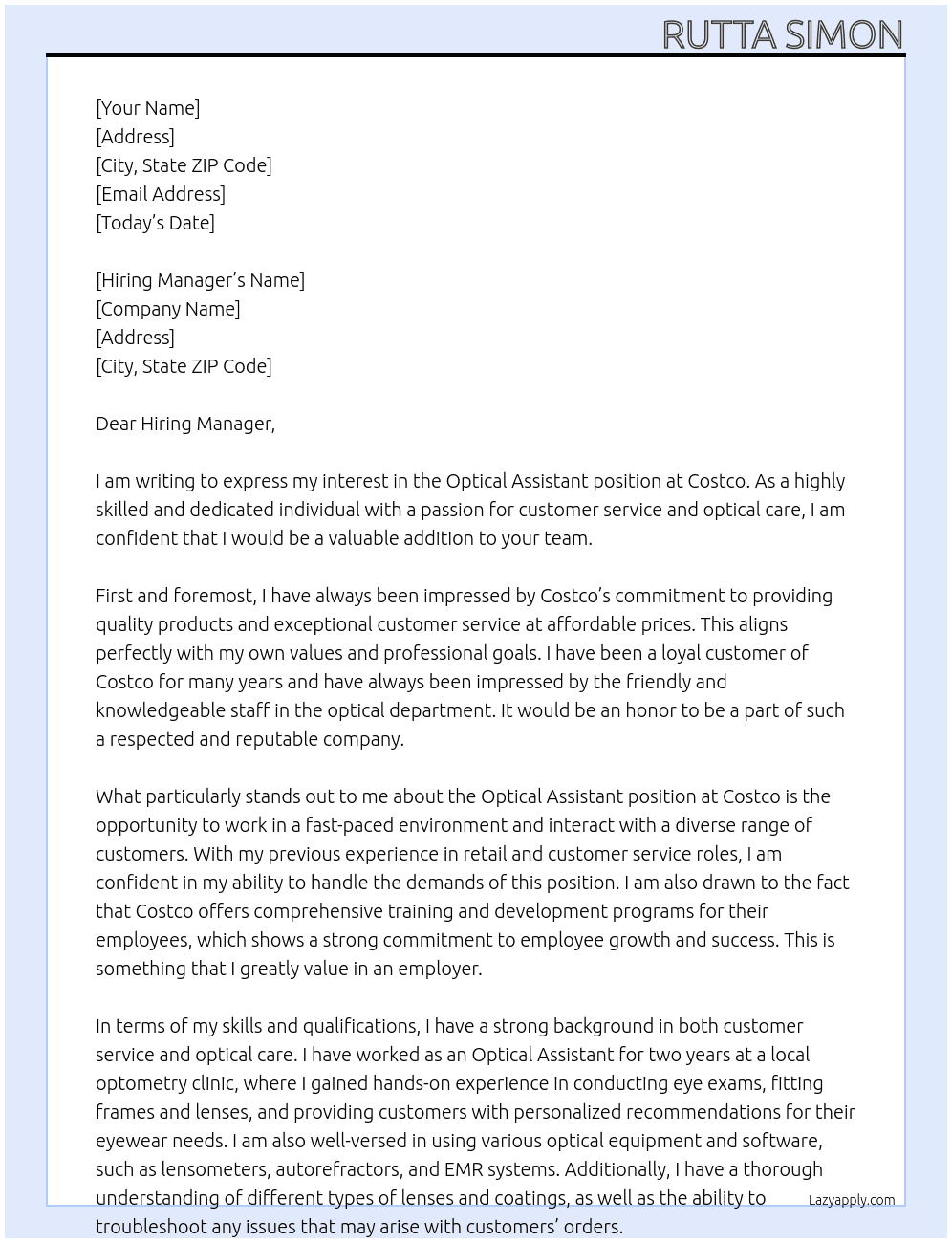 Optical assistant At Costco Cover Letter
