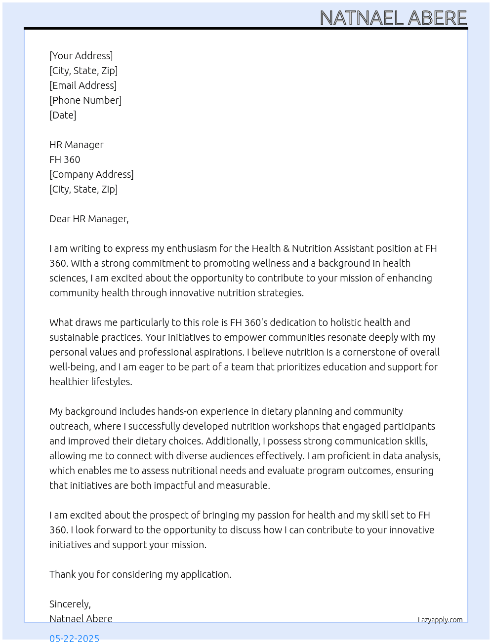 Health &nutrition assistant At FH 360 Cover Letter