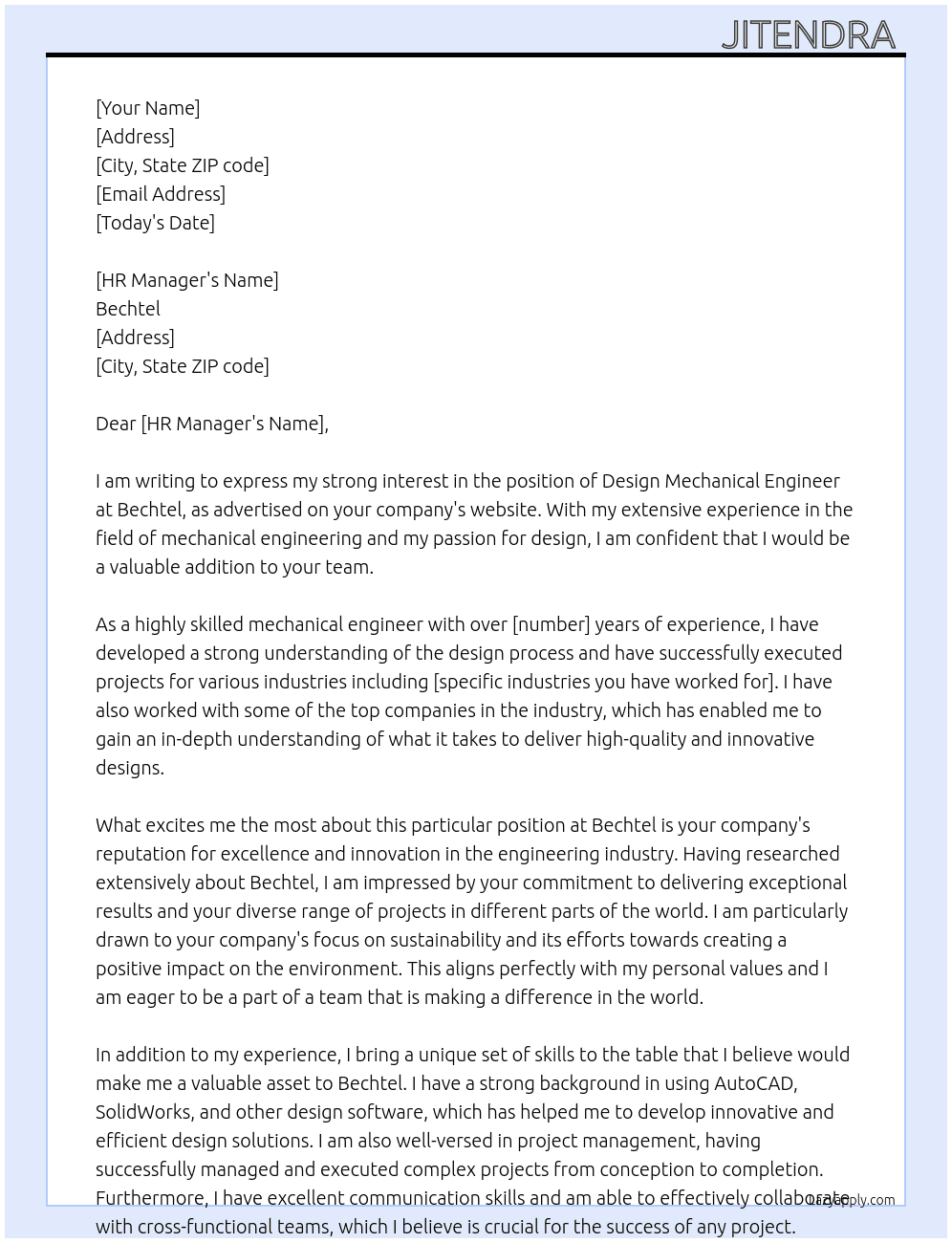 Design Mechanical Engineer  At Bechtel  Cover Letter